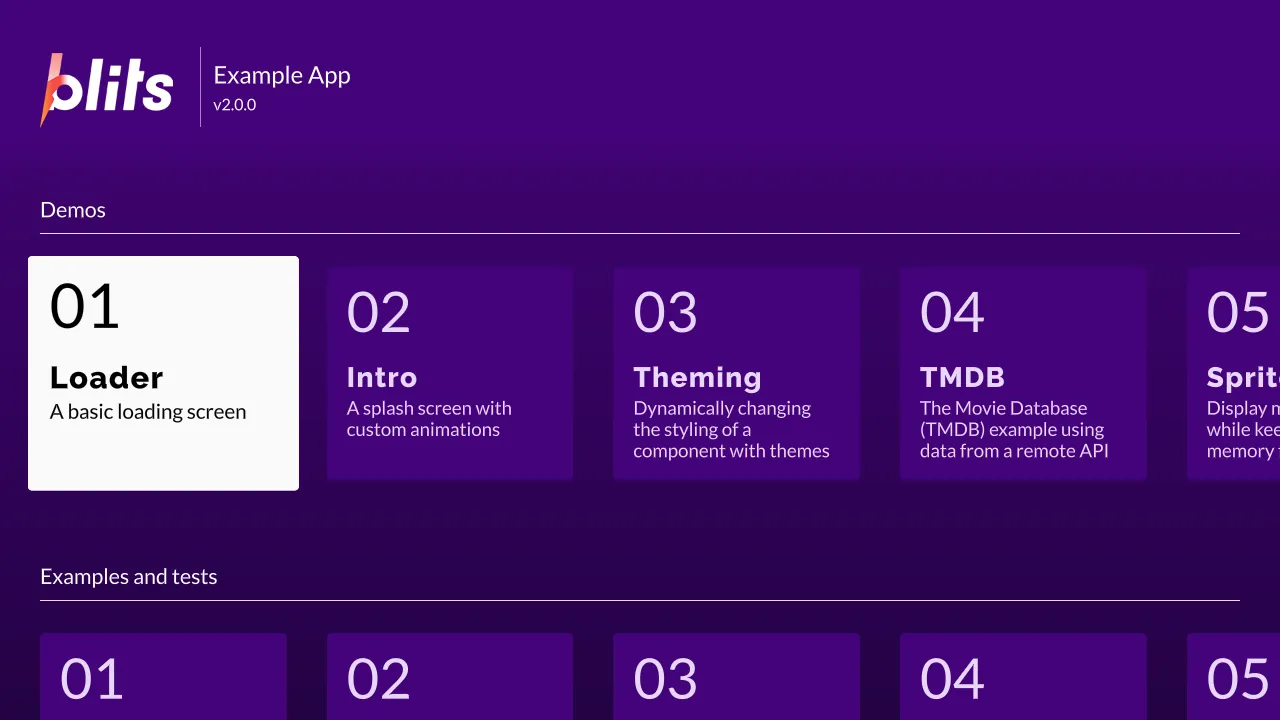 A purple Blits Example App home screen: the Blits logo and “v2.0.0” at the top, a “Demos” row of numbered cards — 01 Loader highlighted in white, 02 Intro, 03 Theming, 04 TMDB, 05 Sprite — and an “Examples and tests” row beginning below