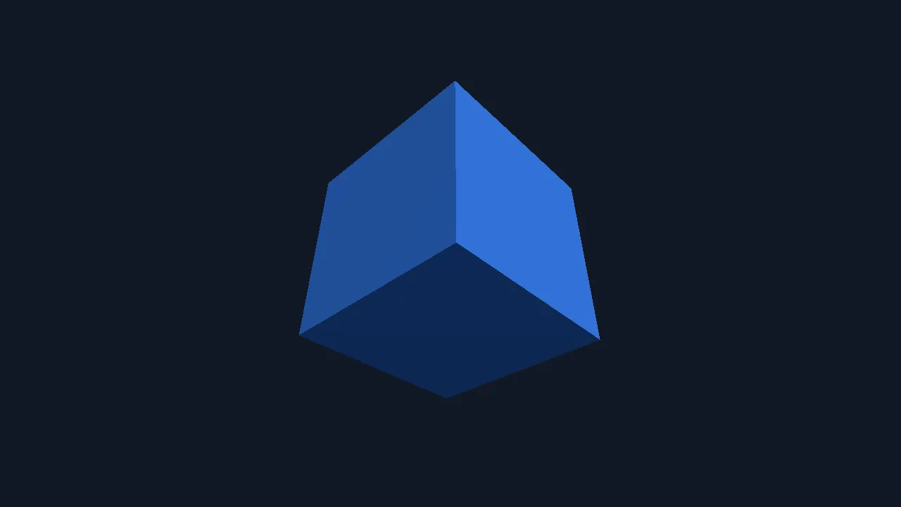 A blue cube in three-quarter view, each face a different shade from lighting, centred on a near-black background